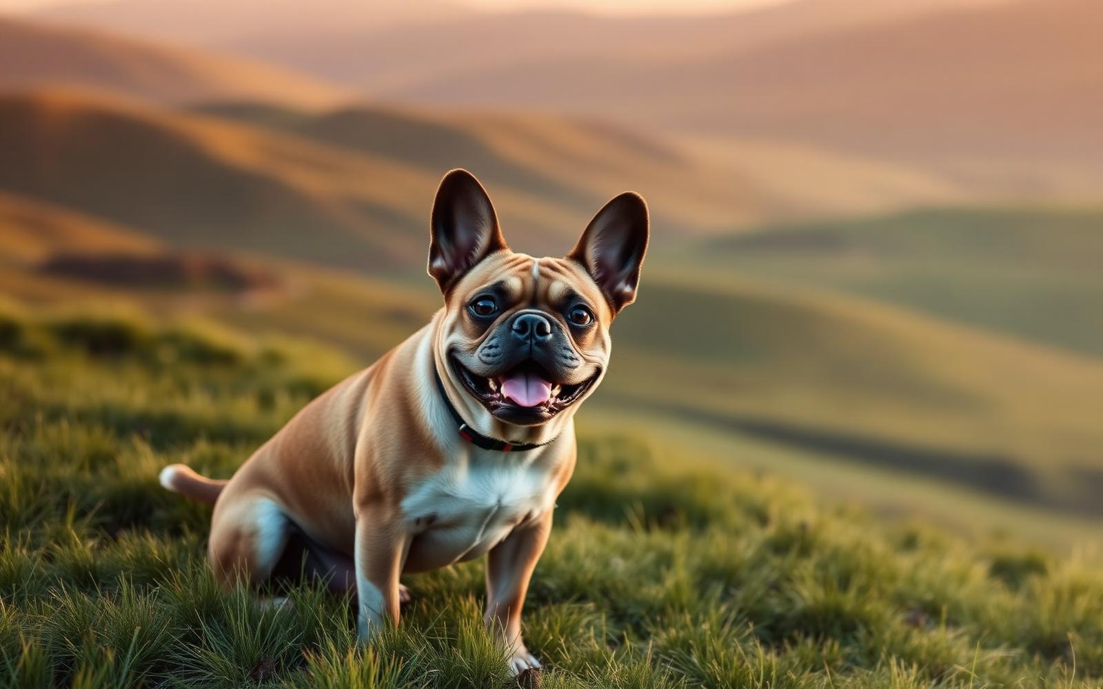 A happy rescued French Bulldog on a Welsh hillside